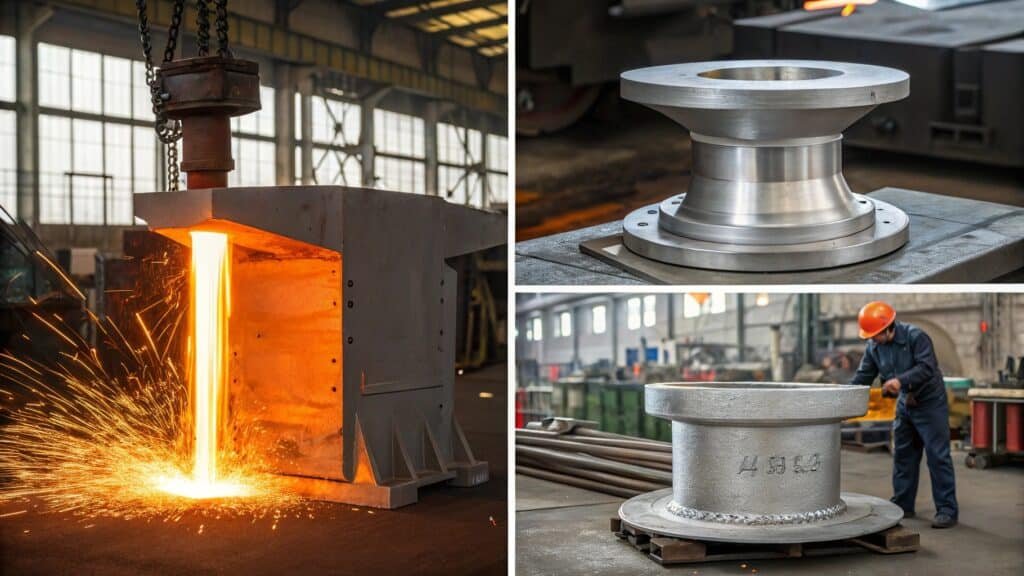 A visual collage showing examples of parts produced by each of the four main forging types: an open die part, a complex closed die part, a seamless ring, and another forged ring.